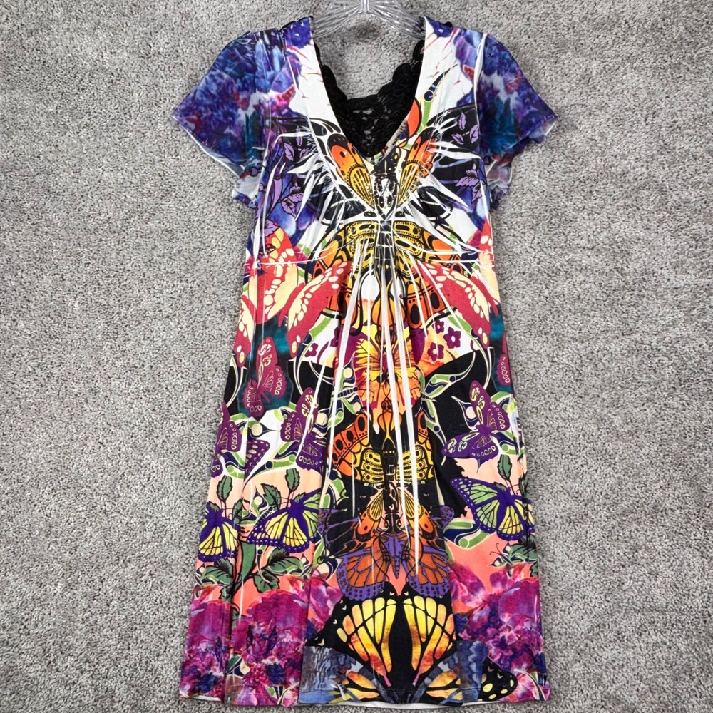 One World Butterfly Print Lace Back V-Neck Dress Multicolor Small Womens